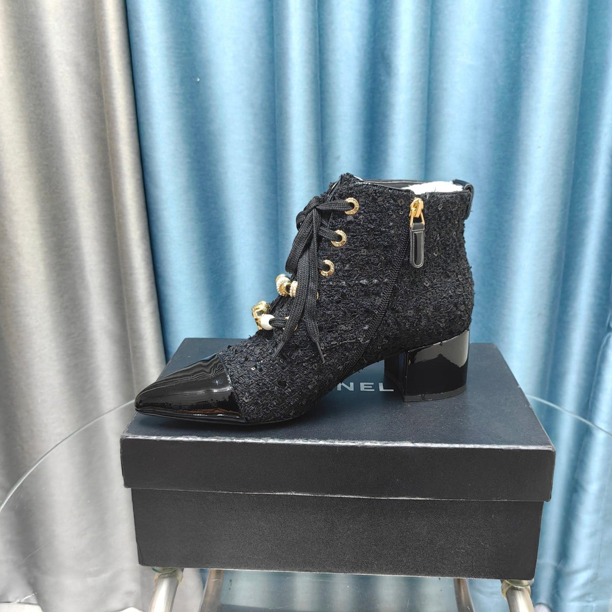 CC Ankle Boots Black Tweed Fabric And Lambskin