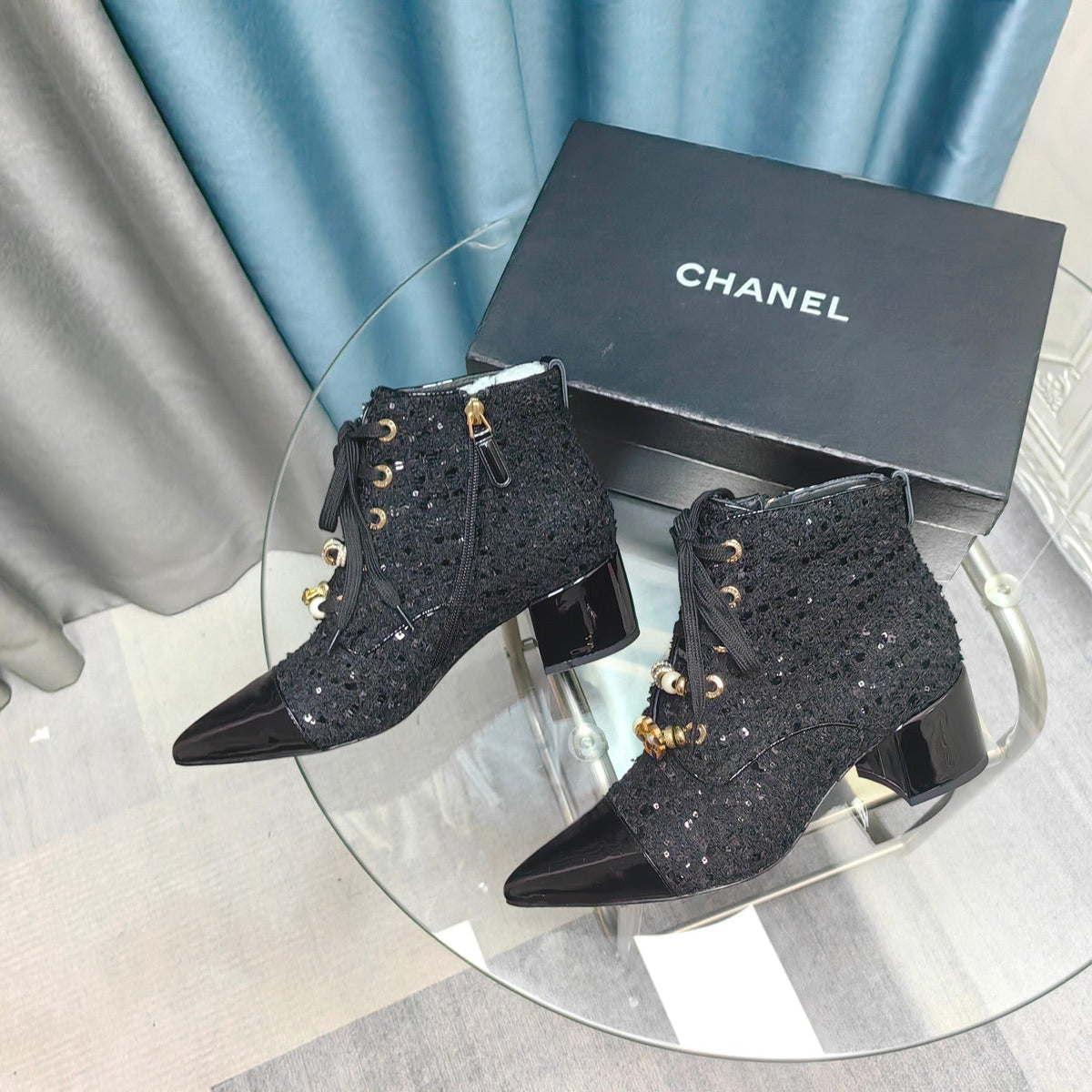 CC Ankle Boots Black Tweed Fabric And Lambskin