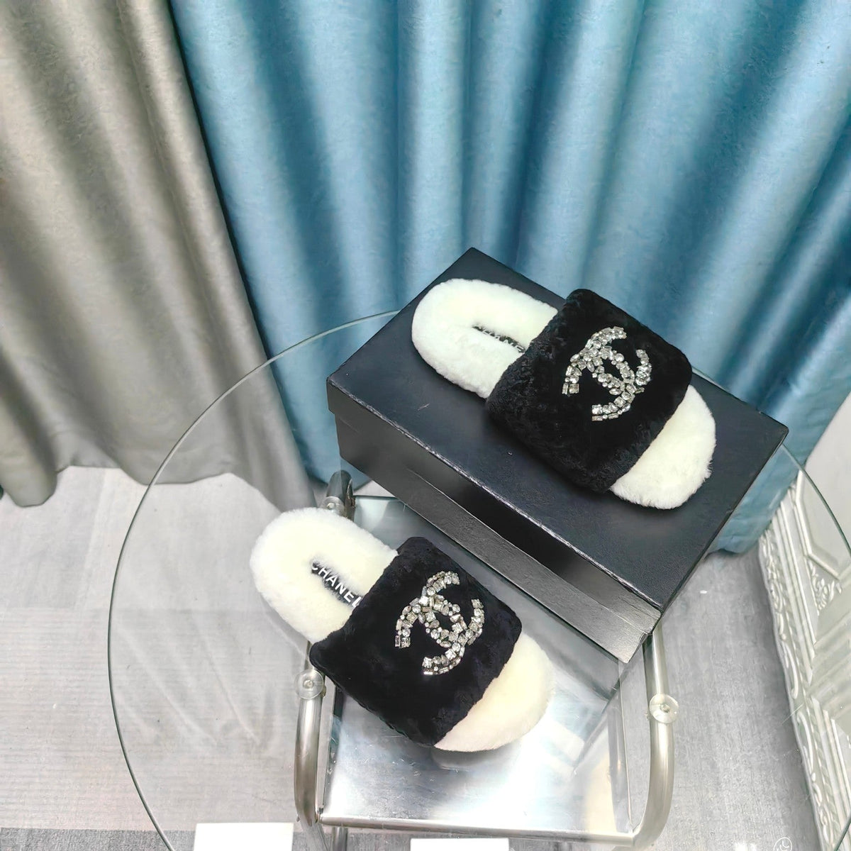 CC Slippers Black Mix White With Logo Fleece