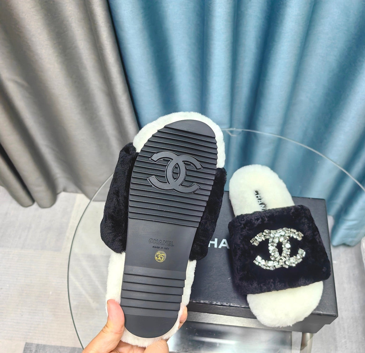CC Slippers Black Mix White With Logo Fleece