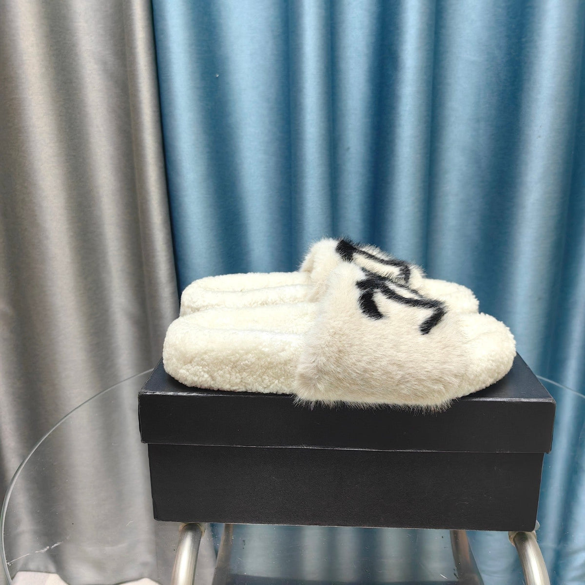 CC Slippers White Black Text Fleece Wool
