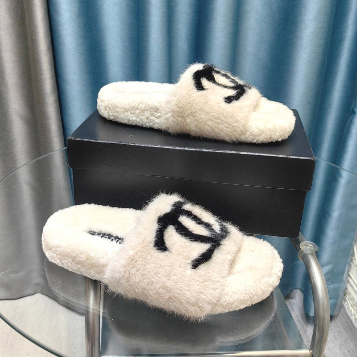 CC Slippers White Black Text Fleece Wool