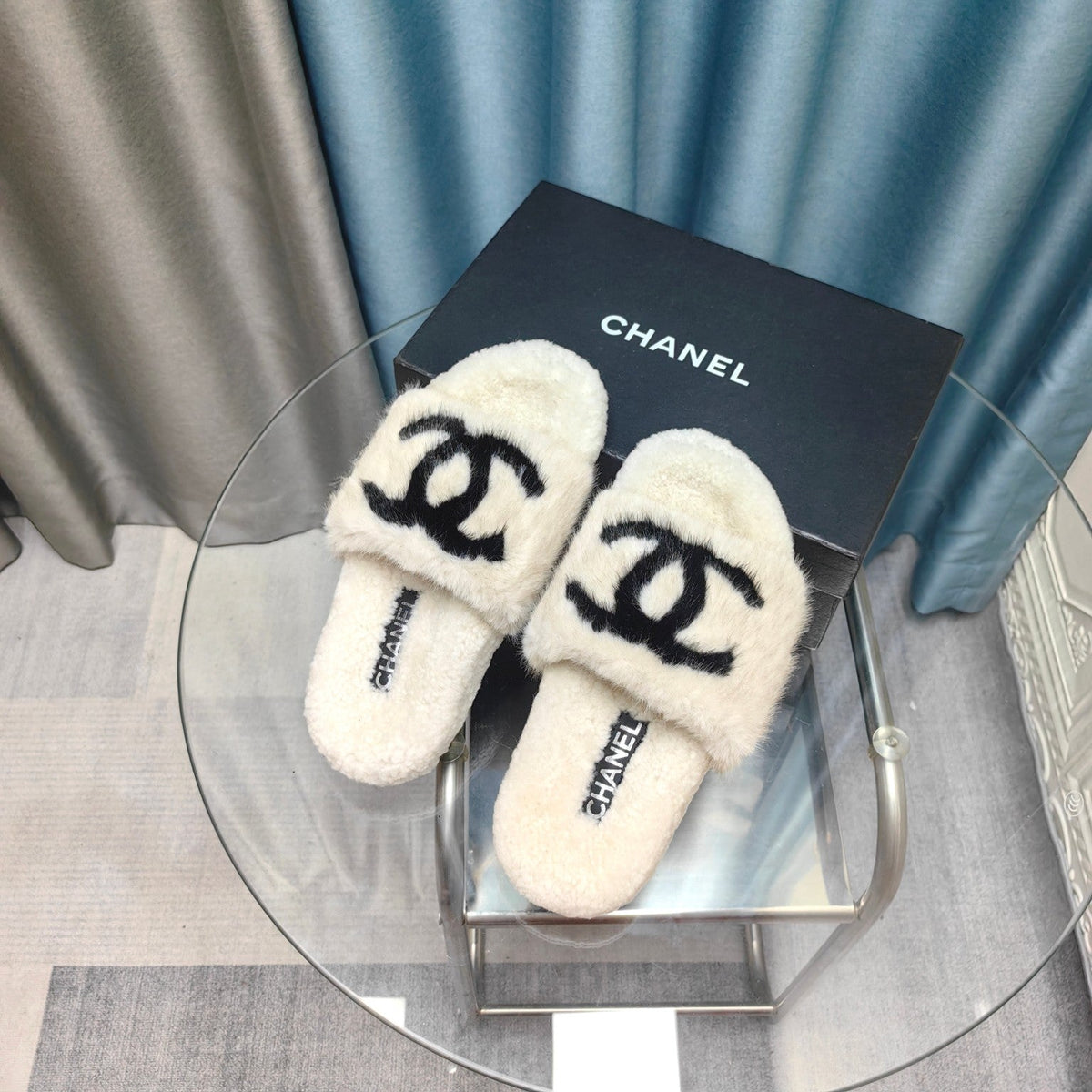 CC Slippers White Black Text Fleece Wool