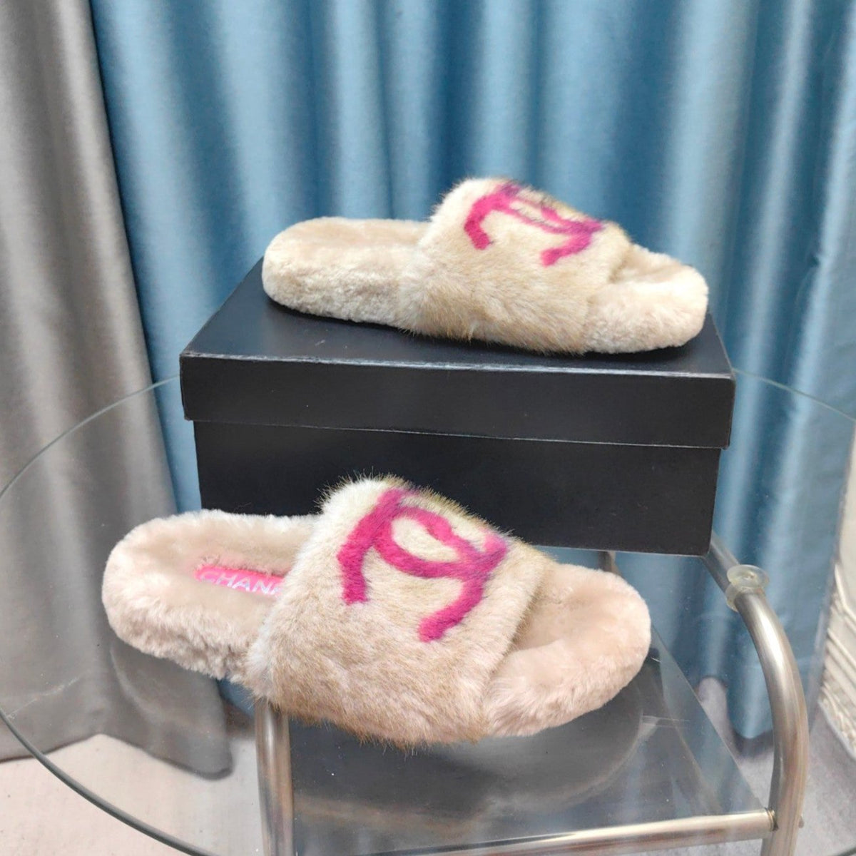 CC Slippers Beige Pink Text Fleece Wool