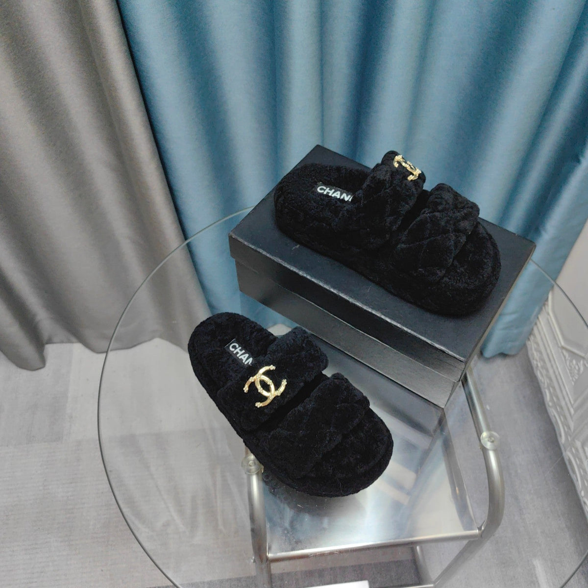 CC Slippers Black Pattern Fleece Wool