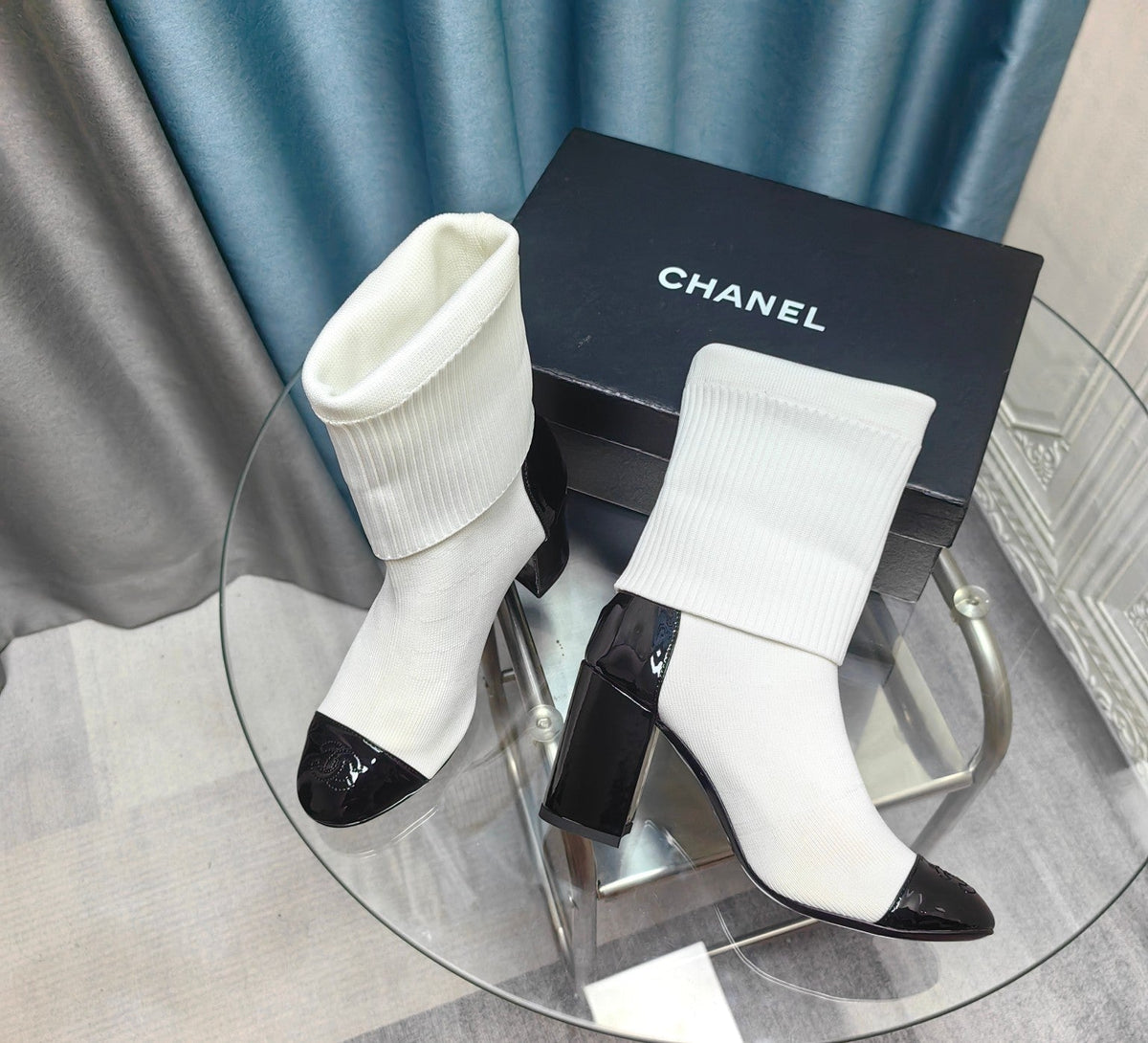 CC Short Boots 80mm White Wool Fabric And Lambskin