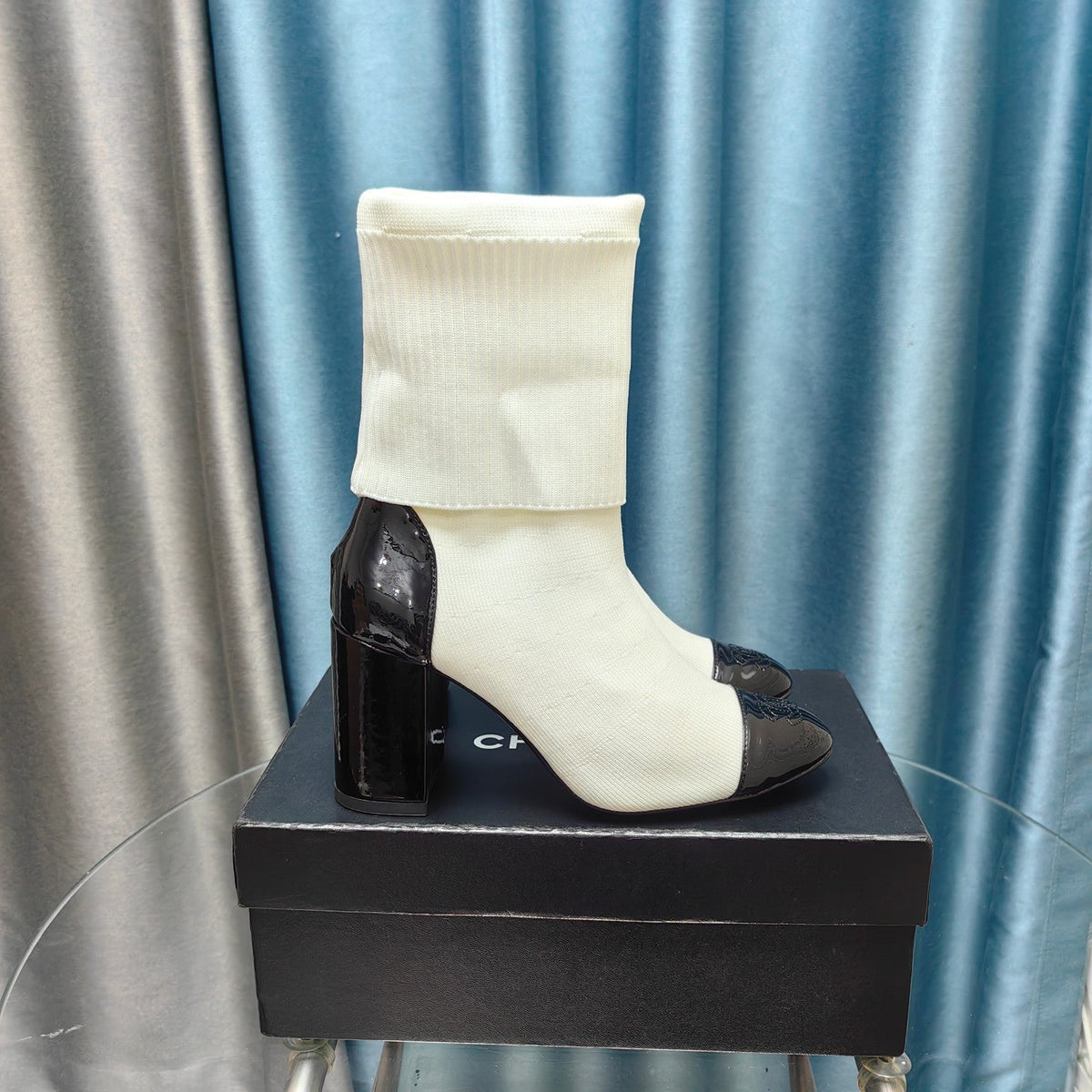 CC Short Boots 80mm White Wool Fabric And Lambskin