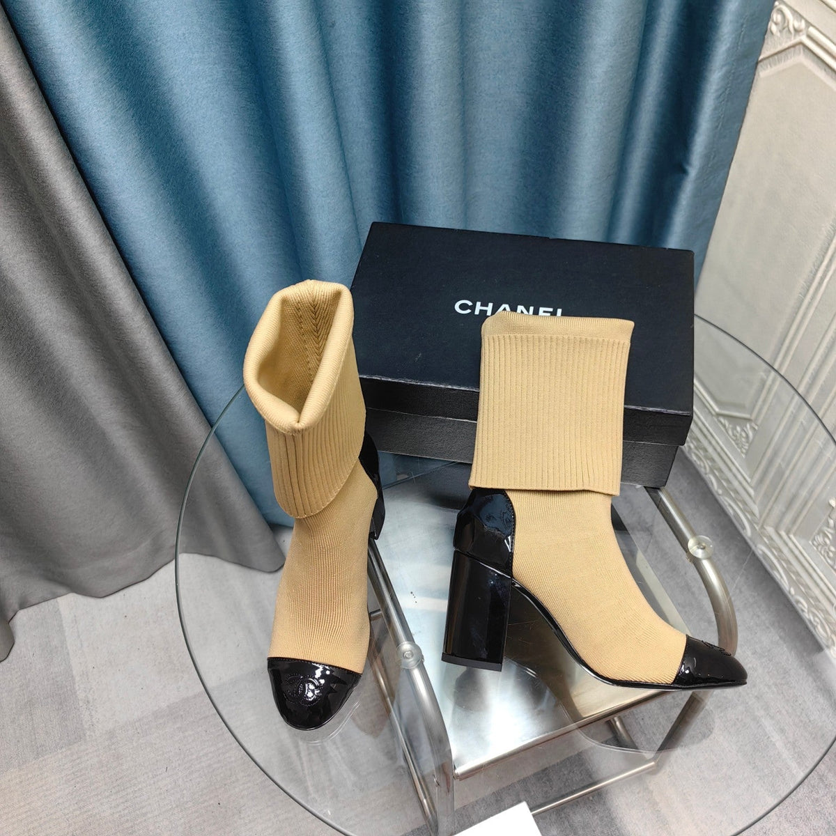 CC Short Boots 80mm Beige Wool Fabric And Lambskin