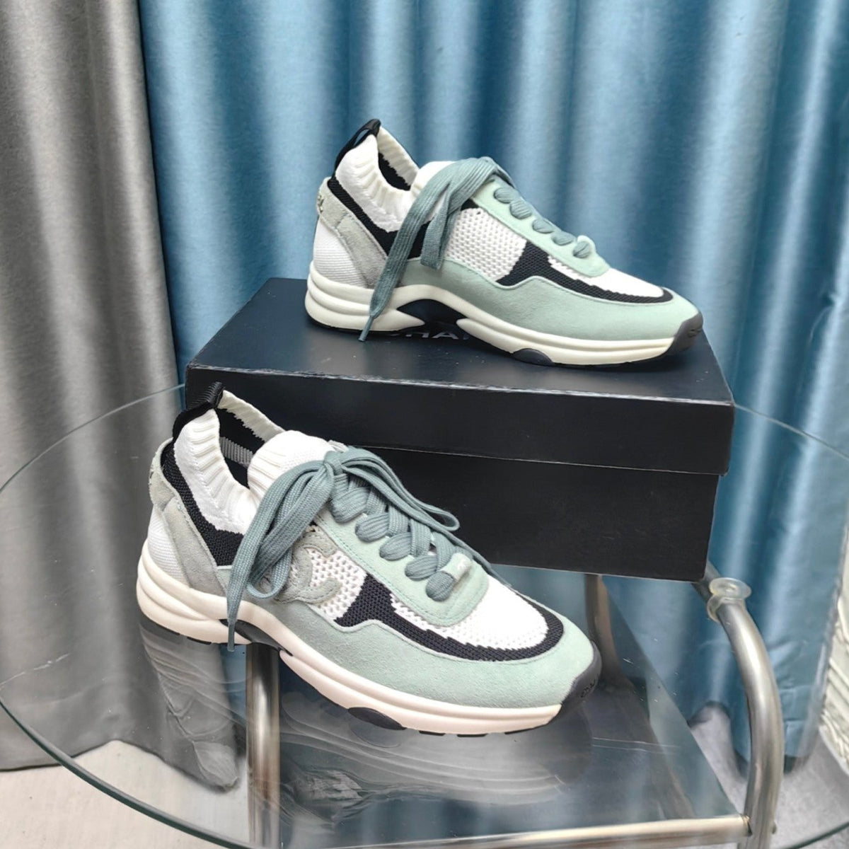 CC Sneaker White Light Jade Green Suede And Polyester Mesh Fabric