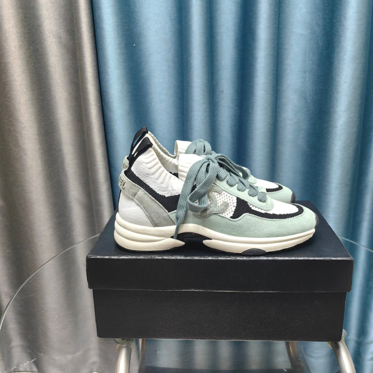CC Sneaker White Light Jade Green Suede And Polyester Mesh Fabric