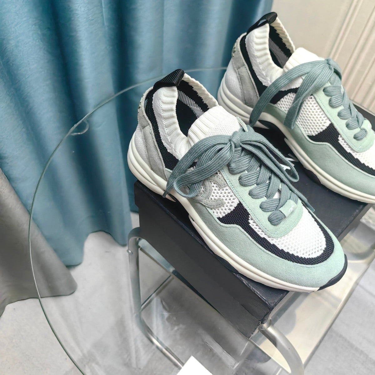 CC Sneaker White Light Jade Green Suede And Polyester Mesh Fabric