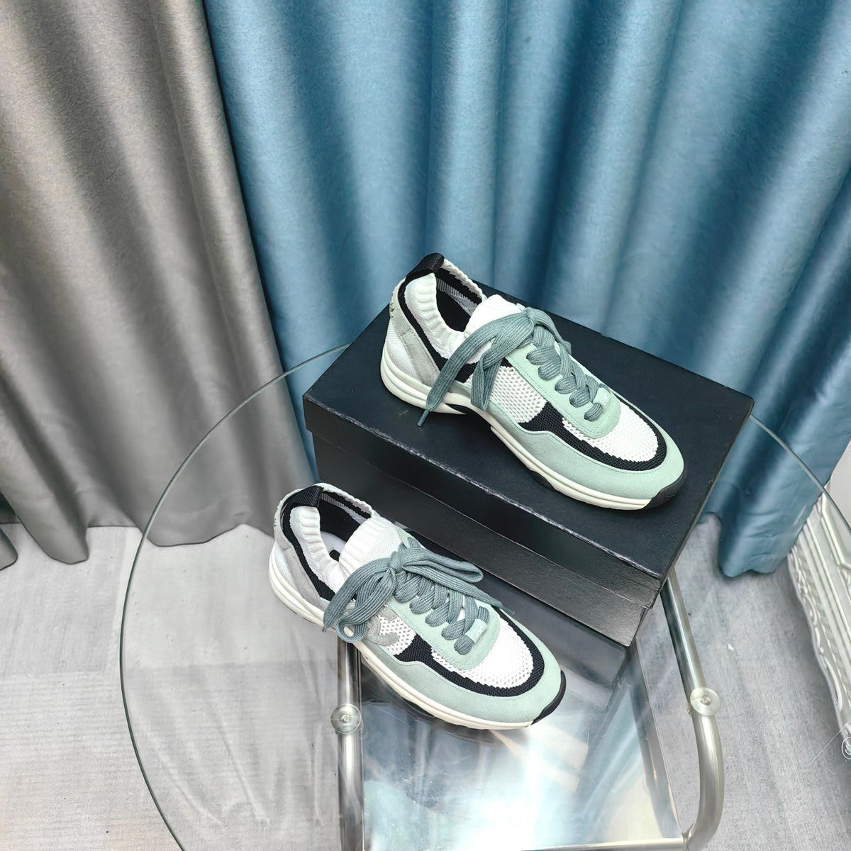 CC Sneaker White Light Jade Green Suede And Polyester Mesh Fabric