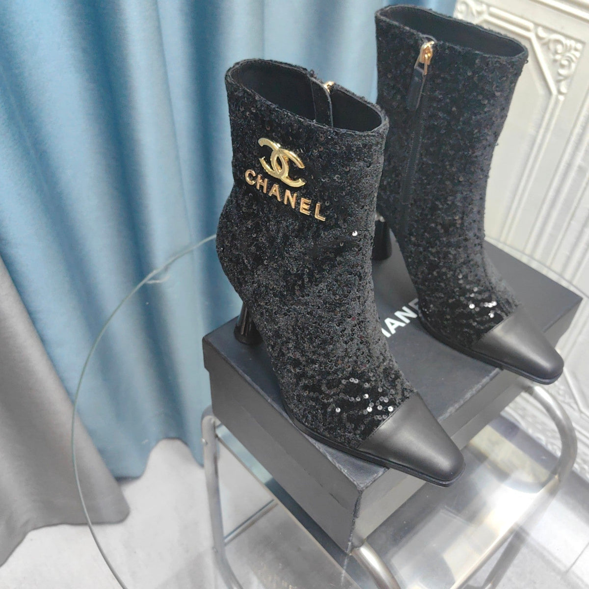 CC Ankle Boots Black Beaded Fabric And Cowhide