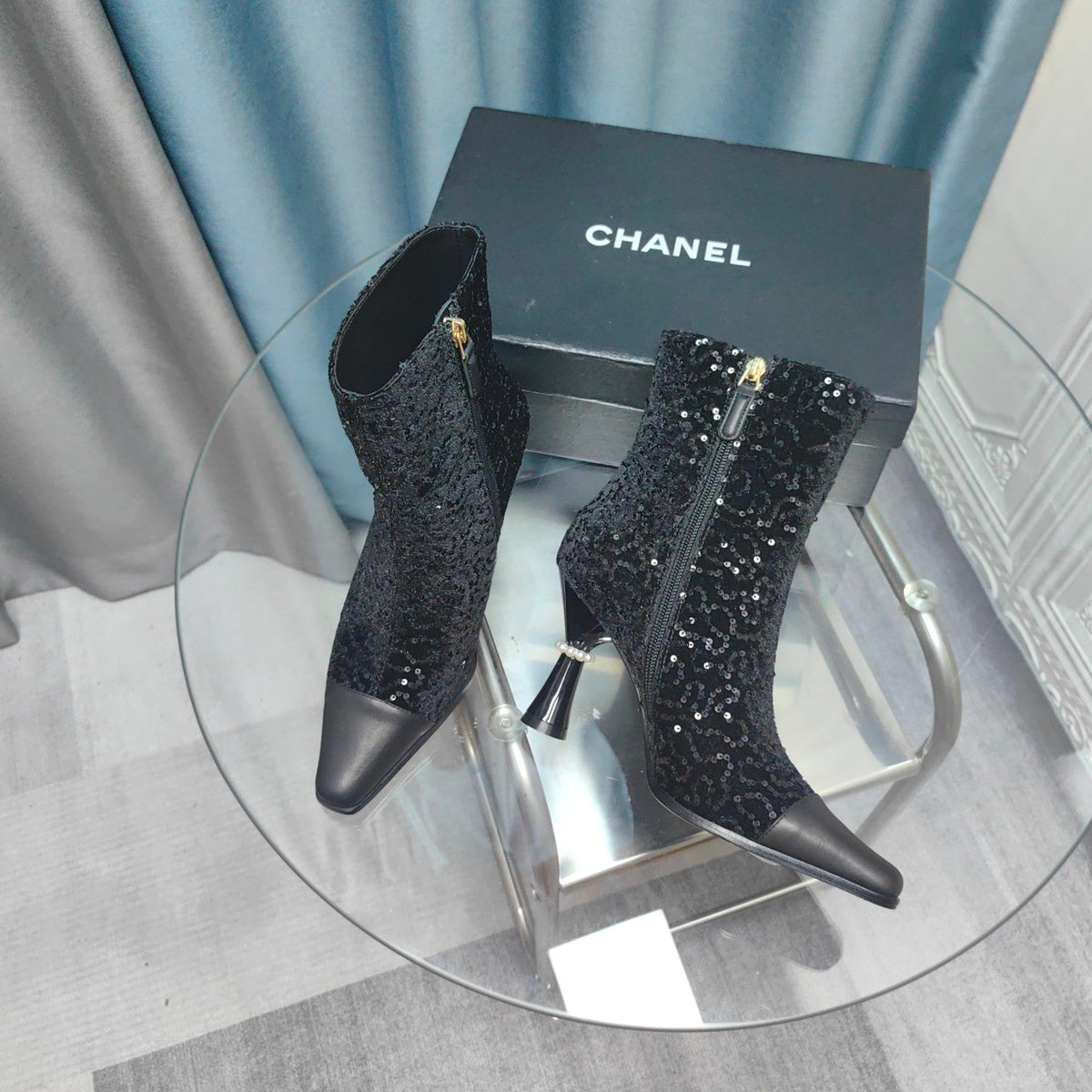 CC Ankle Boots Black Beaded Fabric And Cowhide