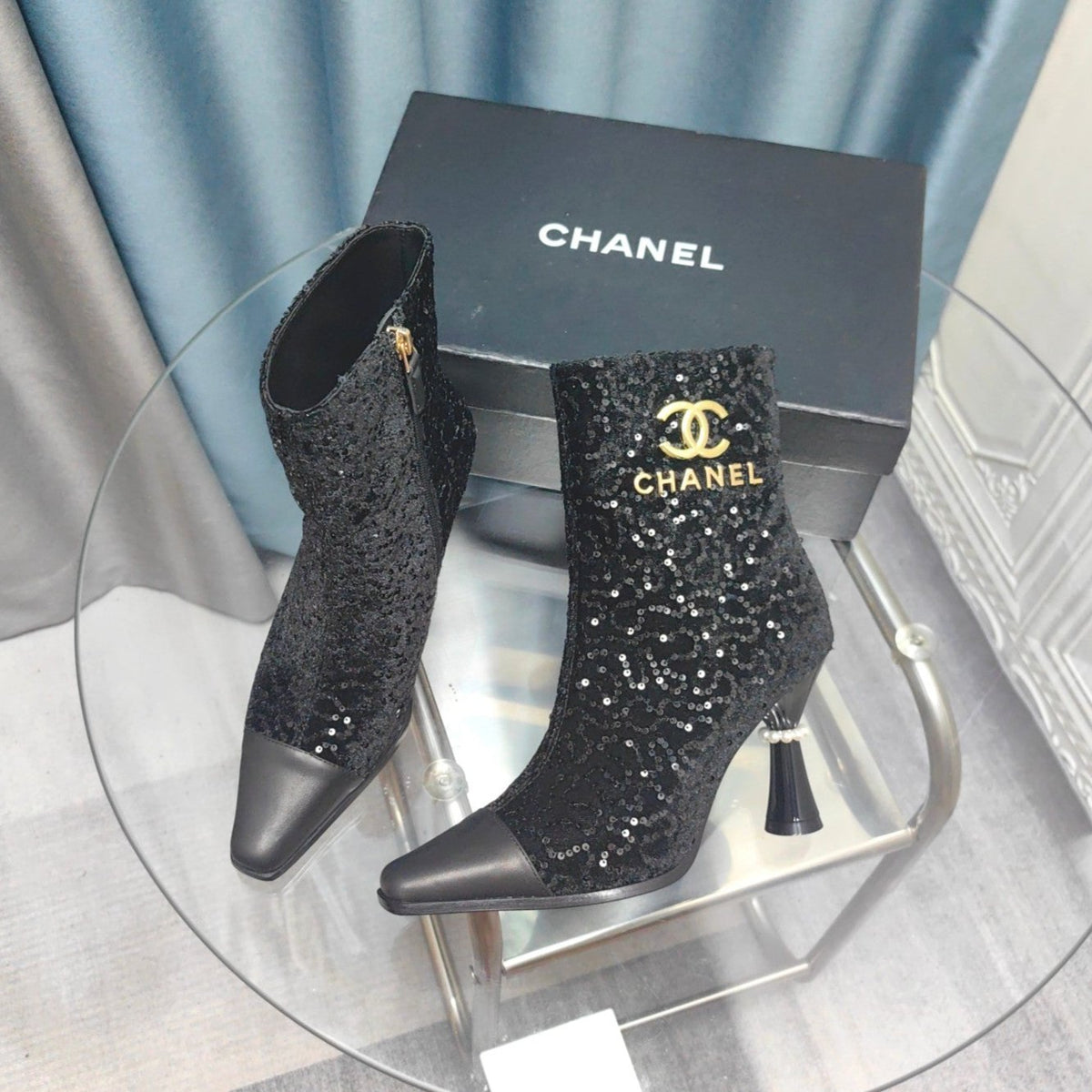 CC Ankle Boots Black Beaded Fabric And Cowhide