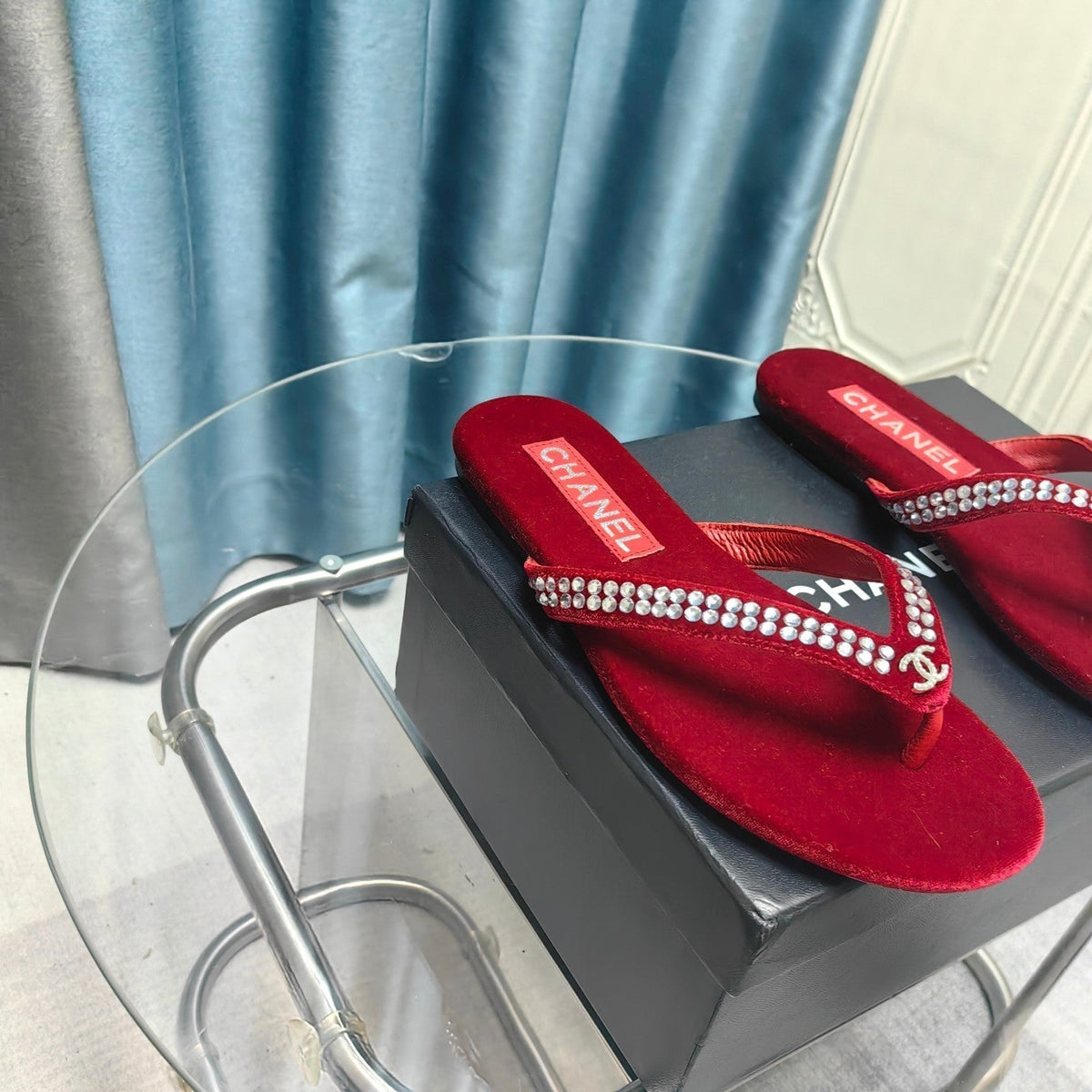 CC Thong Red Velvet Silver Strass