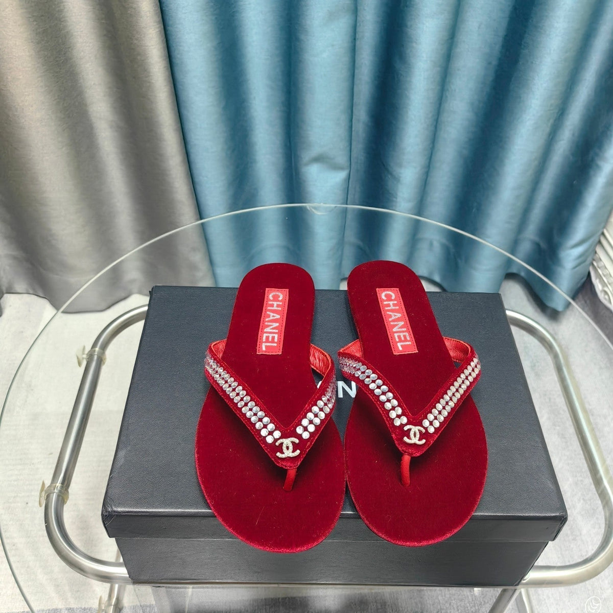 CC Thong Red Velvet Silver Strass