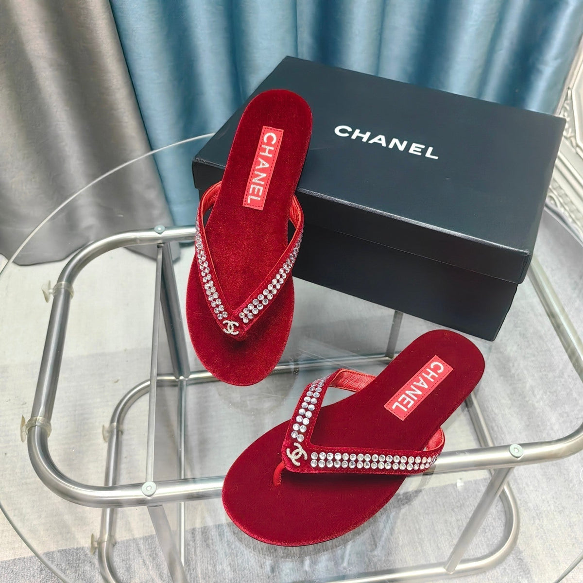 CC Thong Red Velvet Silver Strass
