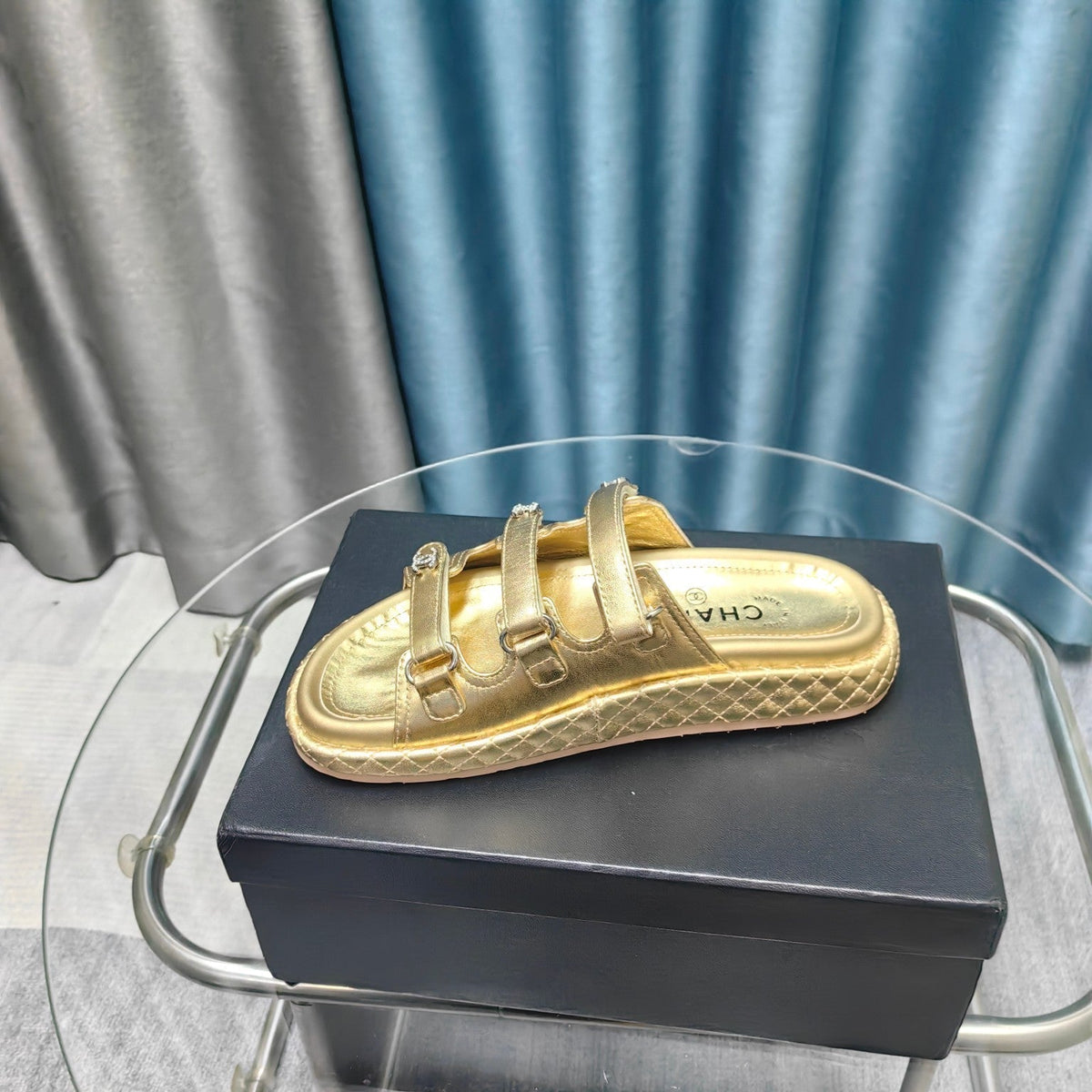 CC 25C Sandal Triple Straps Gold Calfskin