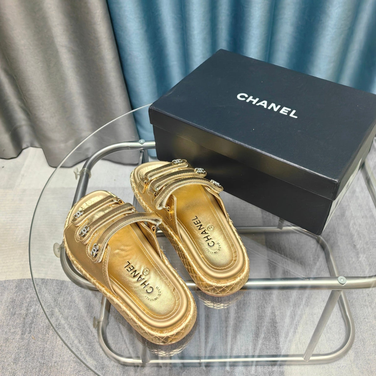 CC 25C Sandal Triple Straps Gold Calfskin