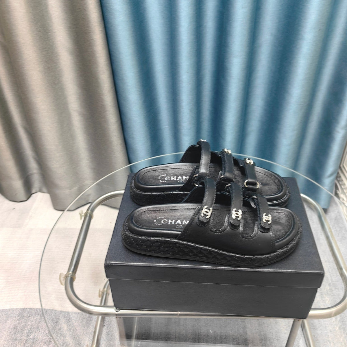 CC 25C Sandal Triple Straps Black Calfskin