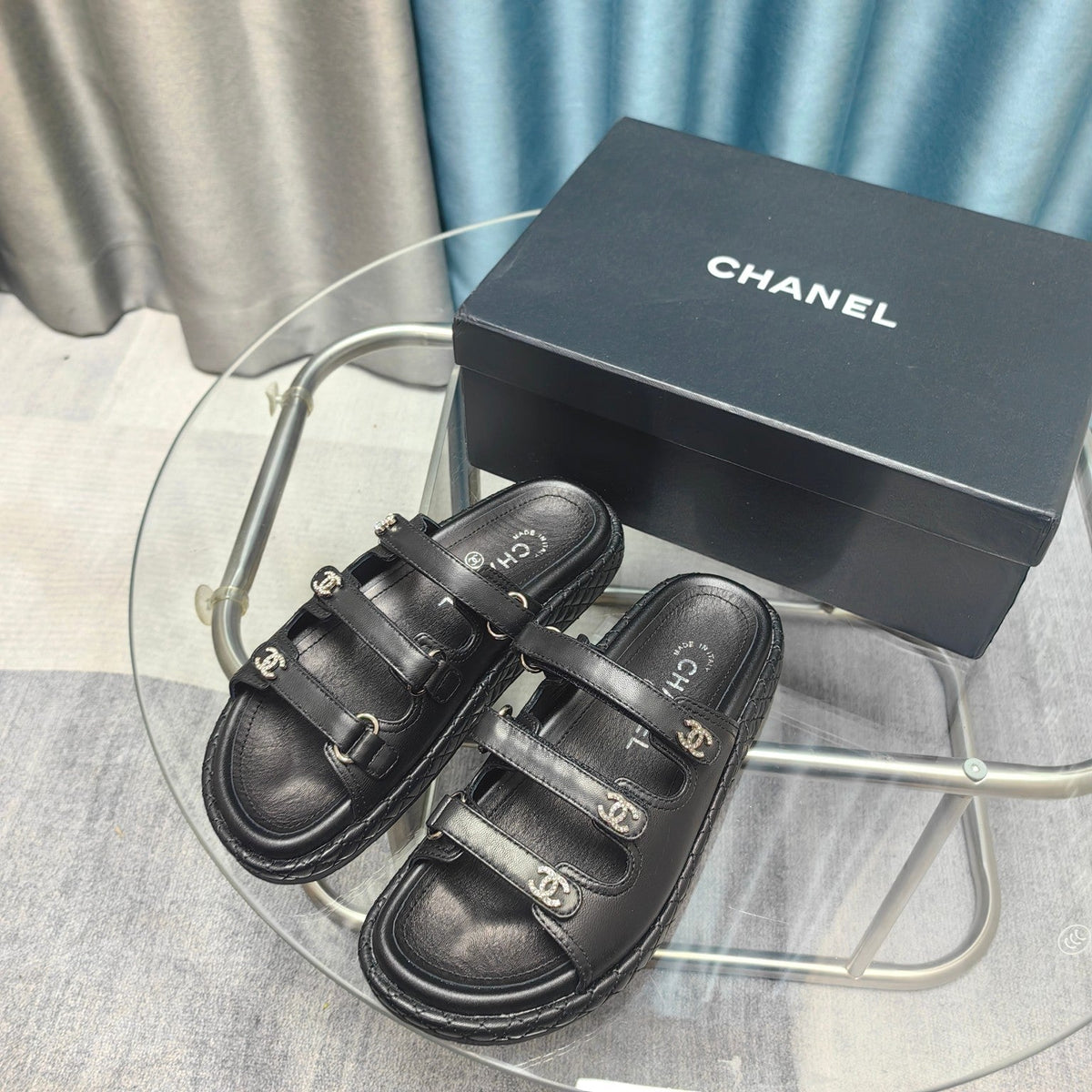 CC 25C Sandal Triple Straps Black Calfskin