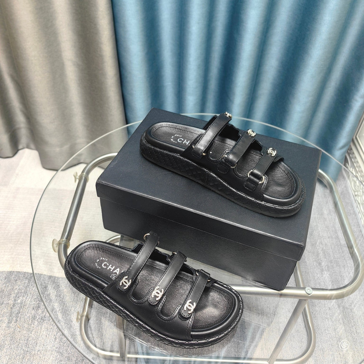 CC 25C Sandal Triple Straps Black Calfskin
