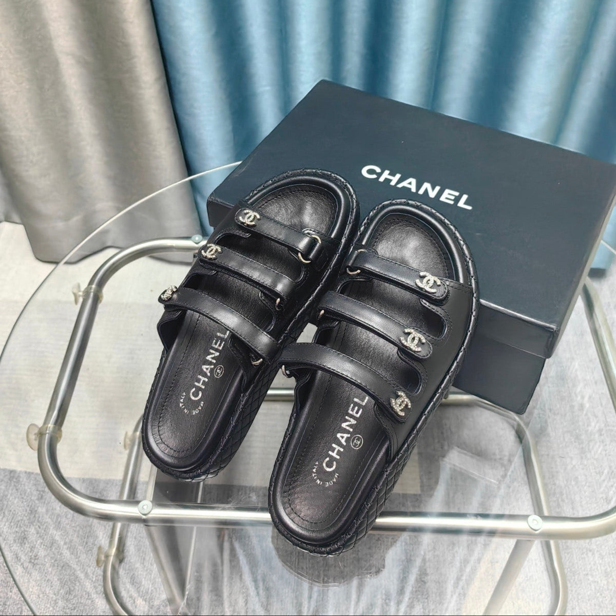 CC 25C Sandal Triple Straps Black Calfskin