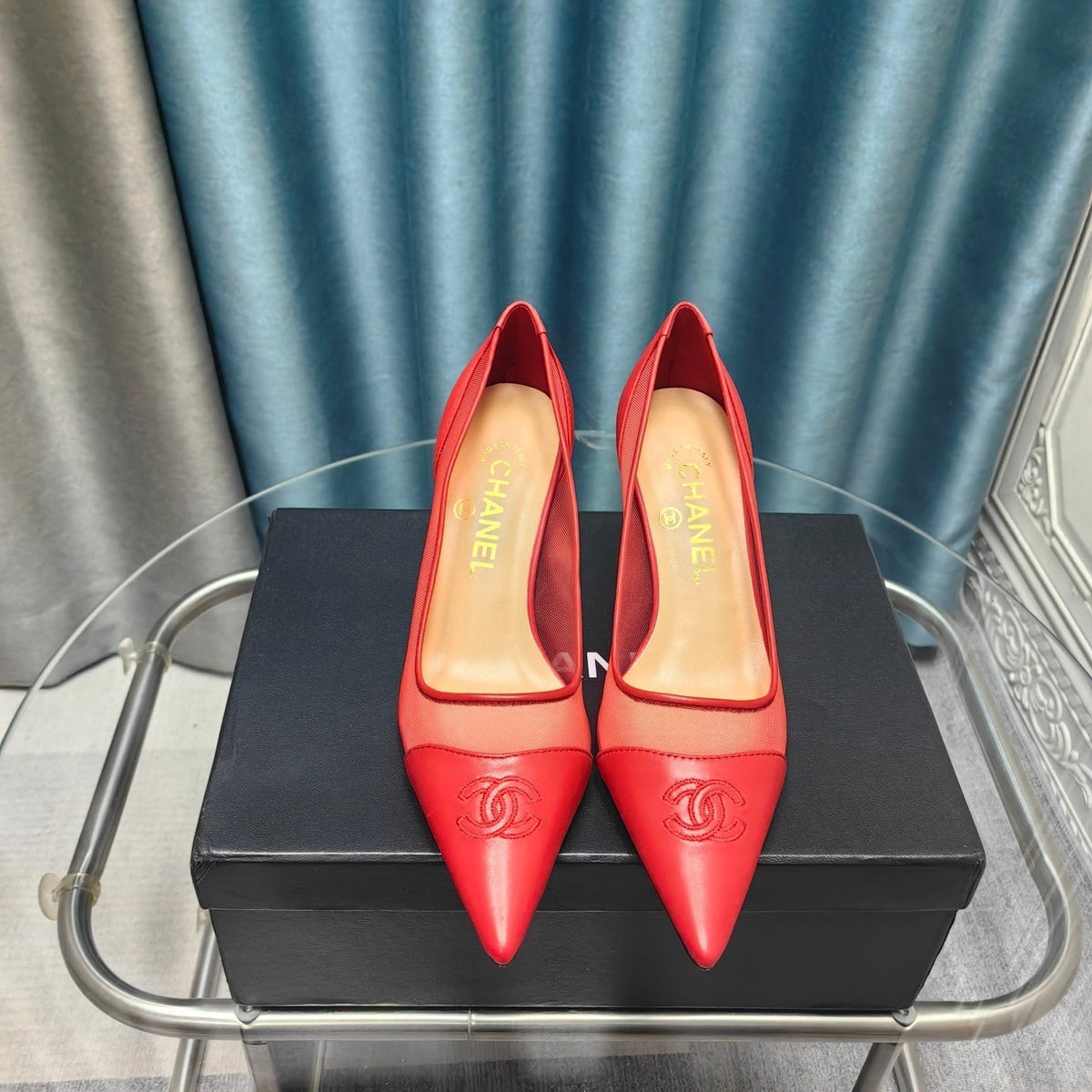 CC Pumps 50 Red Mesh Leather Pointed Toe