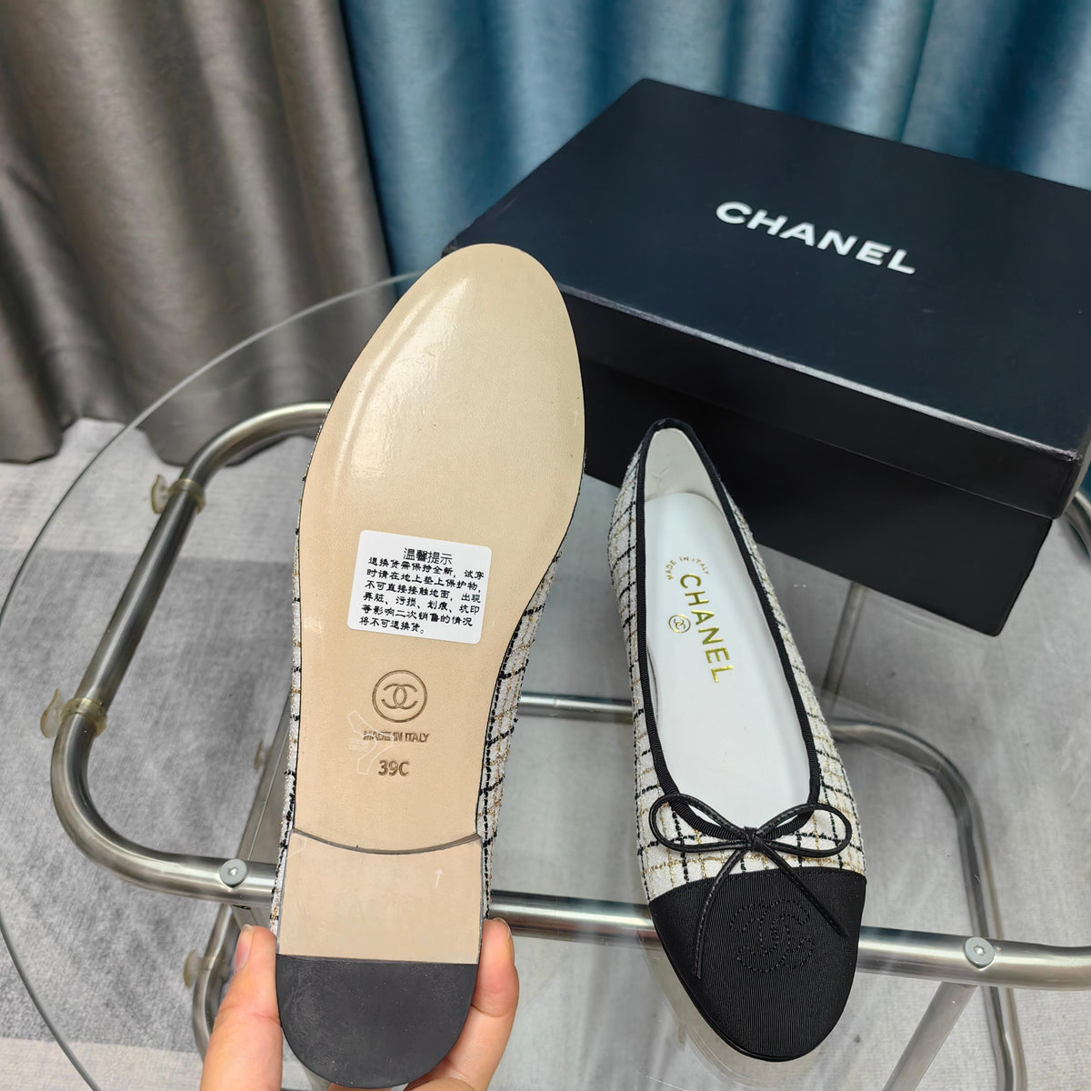 CC 25P Ballet Flat White Tweed Black Grosgrain