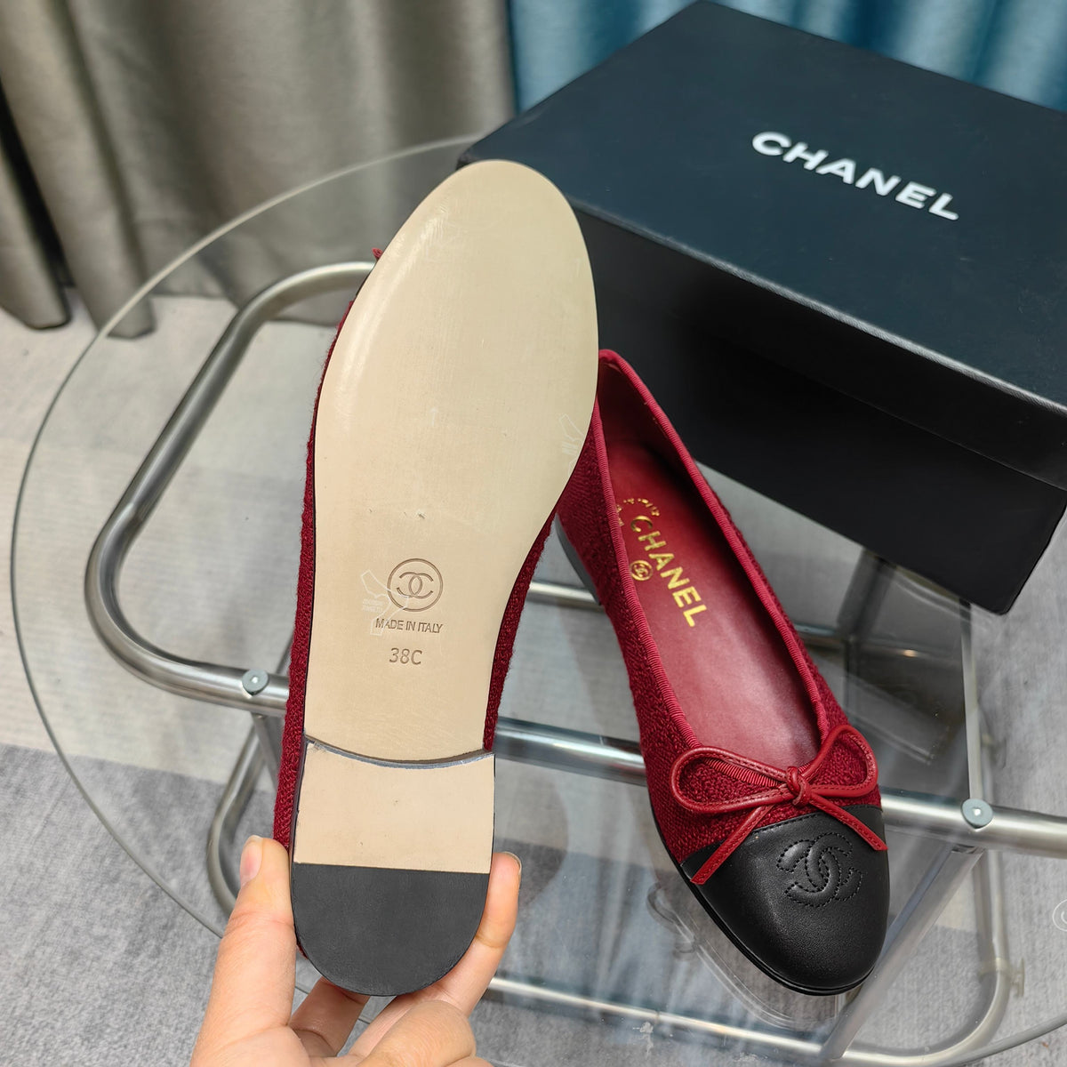 CC 25P Ballet Flat Red Tweed Black Calfskin