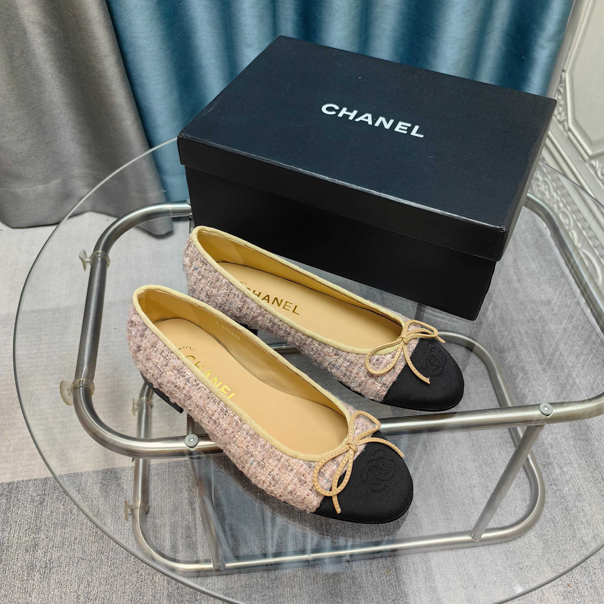 CC 25P Ballet Flat Light Pink Tweed Black Grosgrain