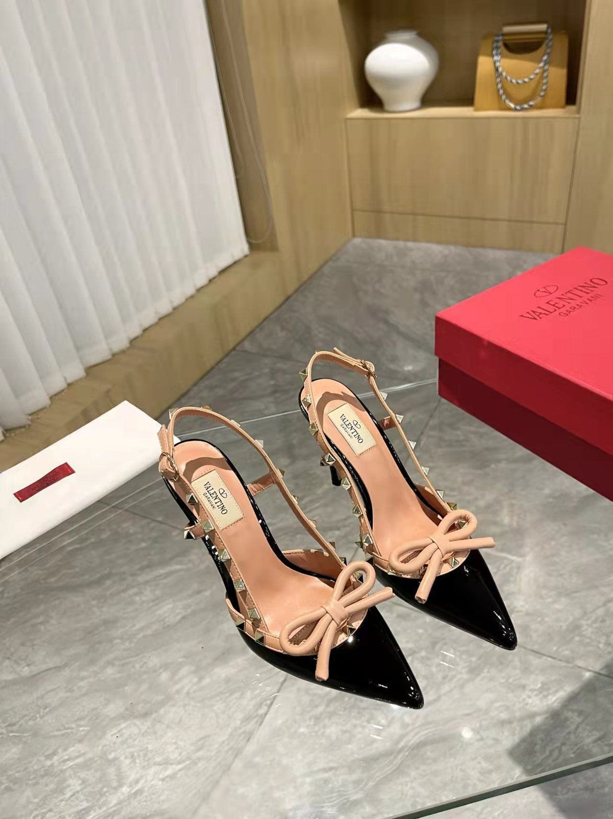 Valentino Rockstud Bow Slingback Pumps 95mm Patent Leather