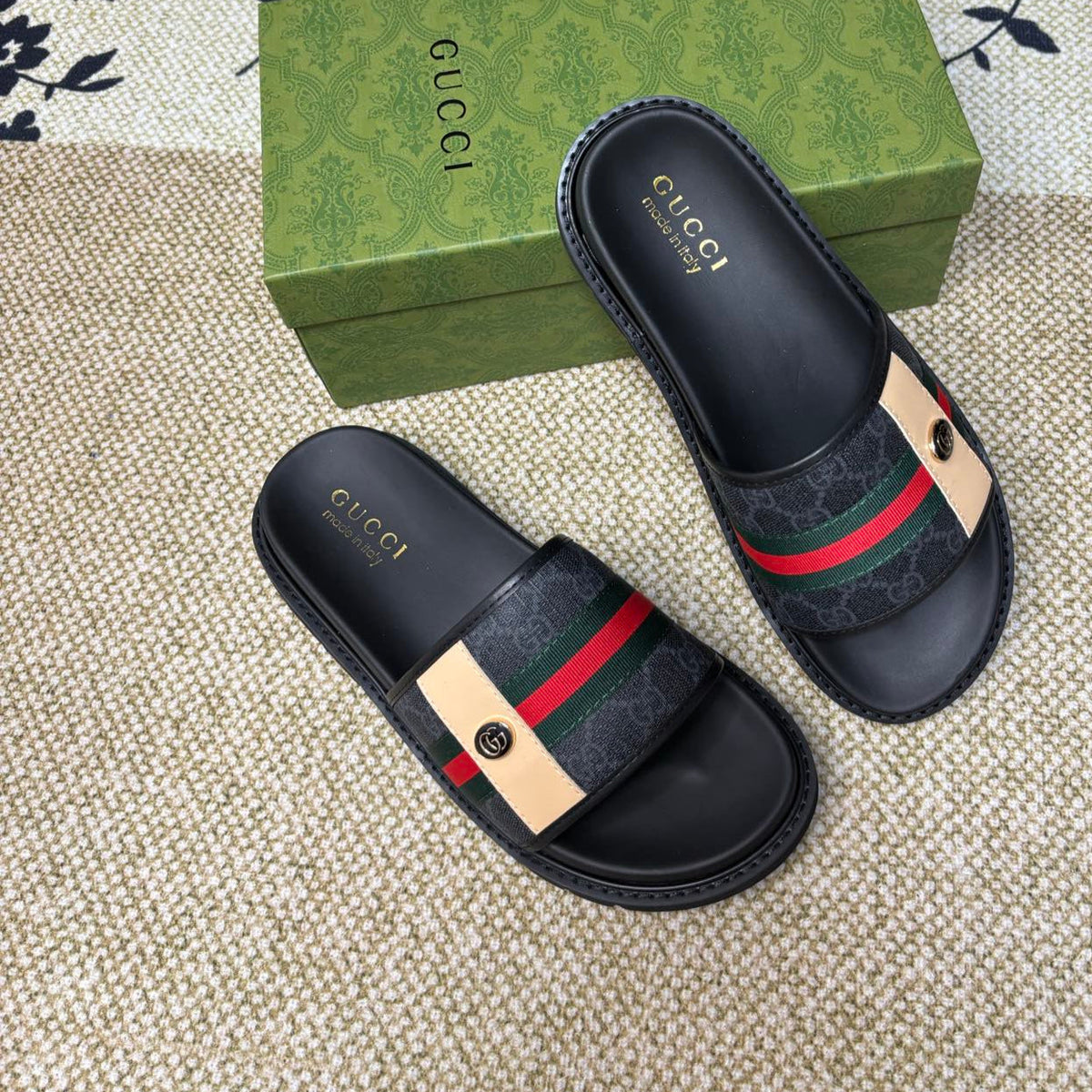 GG Men's Web Slide Black Canvas Cowhide 595542