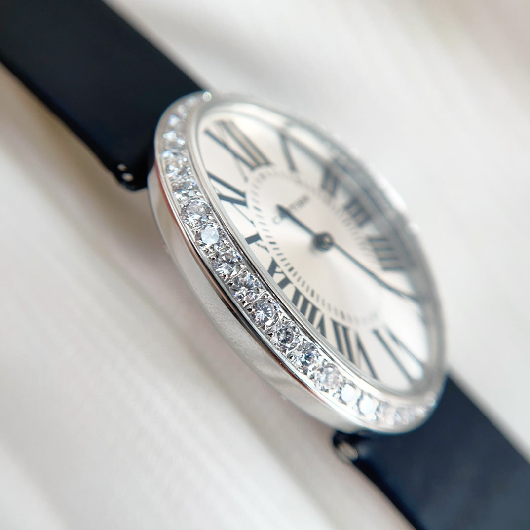 Baignoire 28mm Silver Diamond Case Black Silk Leather