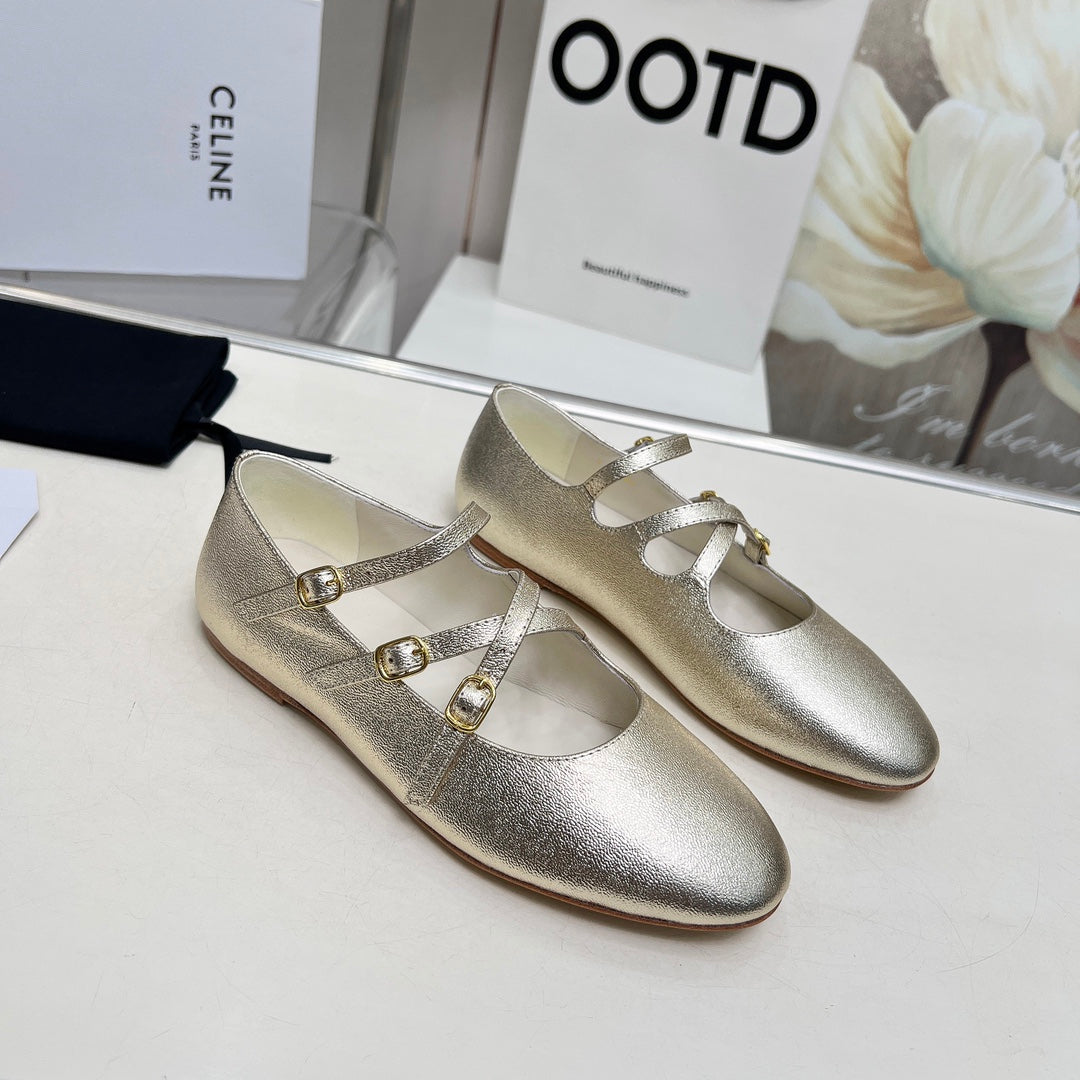 BALLET FLAT WITH CROSSOVER STRAP IN LIGHT GOLD LAMBSKIN