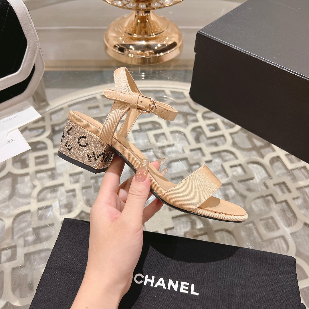 CC 25C 5CM Mid Heed Sandals Cream Fabric 213322