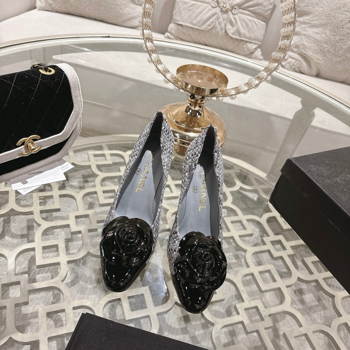 CC 26s High Heels Pump 85 Gray Black Wool Fabric 627016