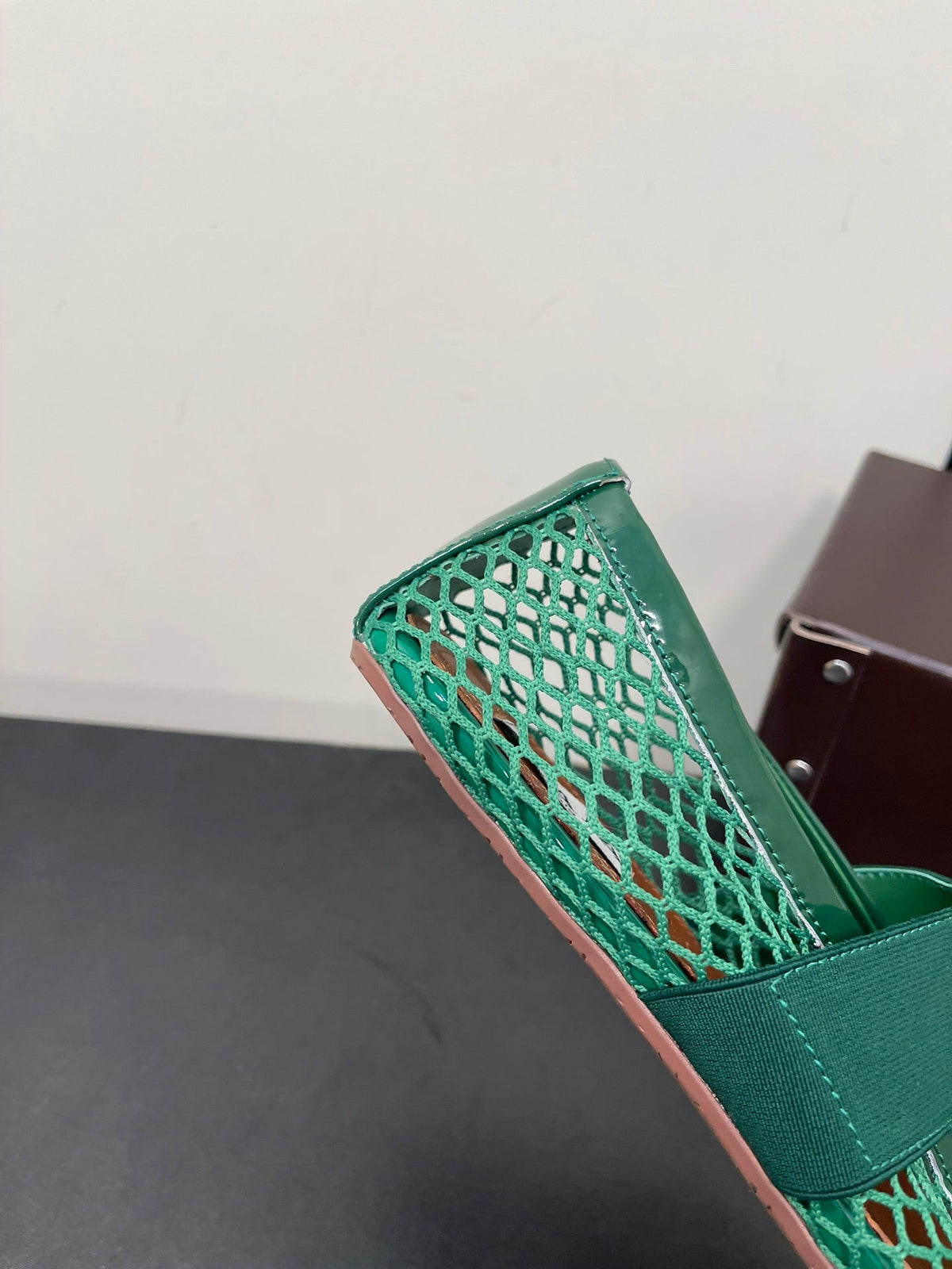ALAIA BALLET FLATS IN COOL GREEN MESH FISHNET WITH GOLD HARDWARE
