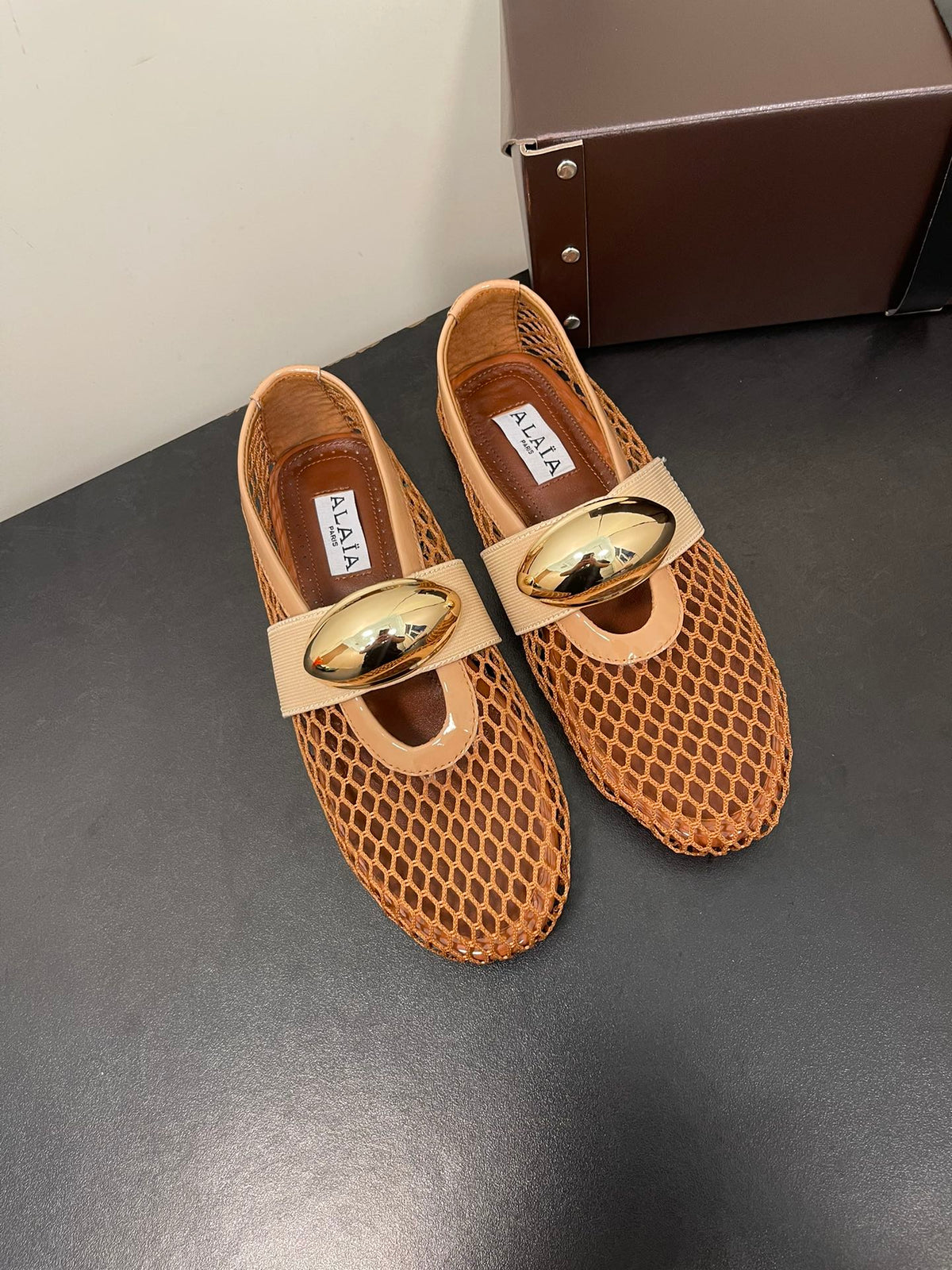 ALAIA BALLET FLATS IN COPPER BROWN MESH FISHNET WITH GOLD HARDWARE