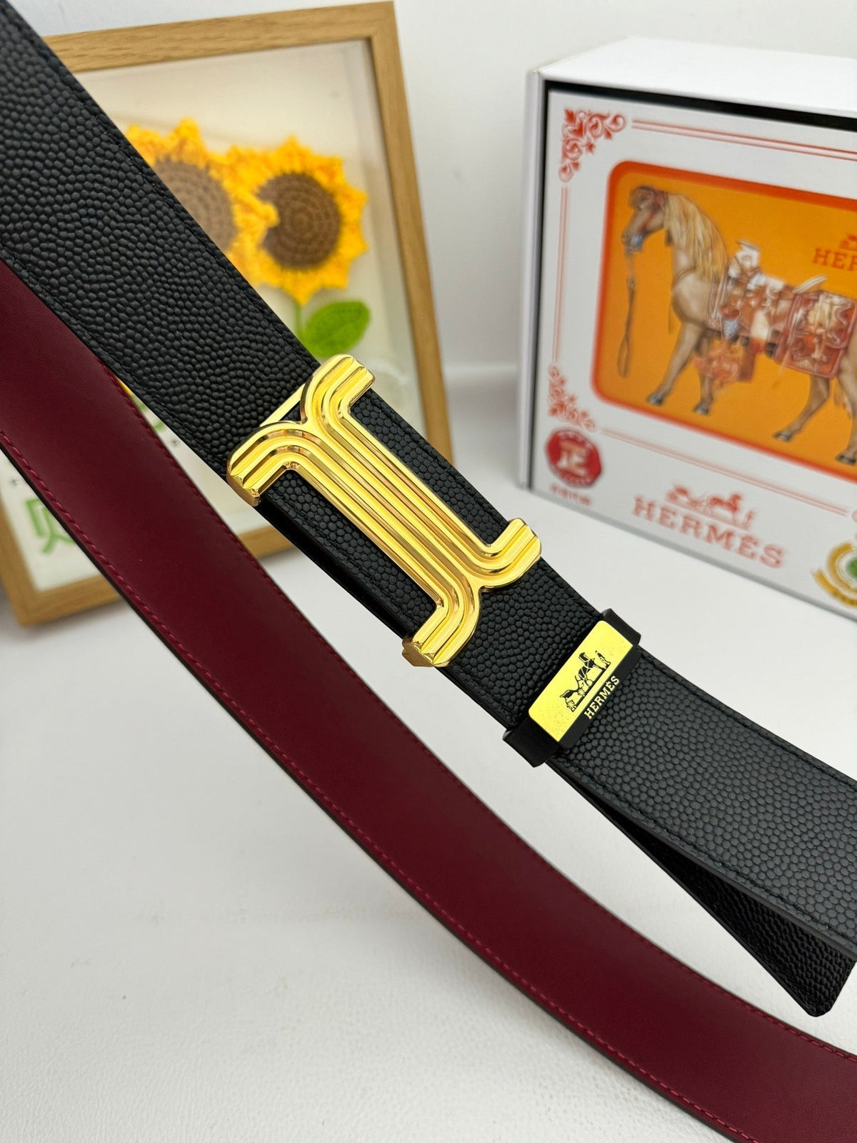 HM Belt 38mm Black Red Cowhide Leather Gold Buckle 619014