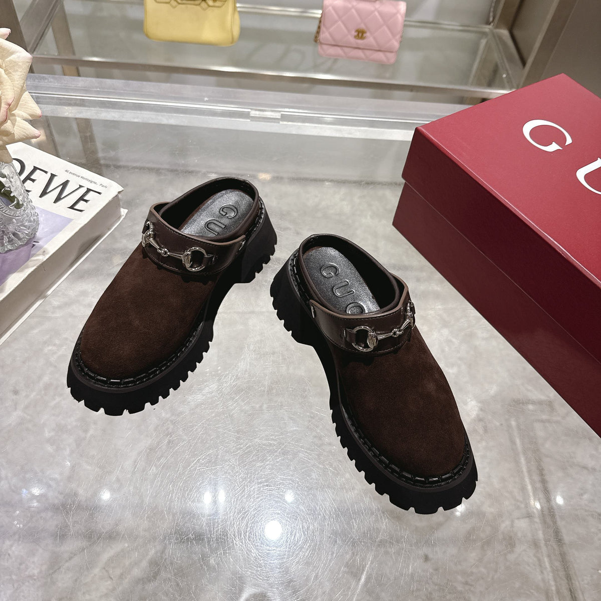 GG 2025 Horsebit Dark Brown mix Black Suede Sheepskin 416543