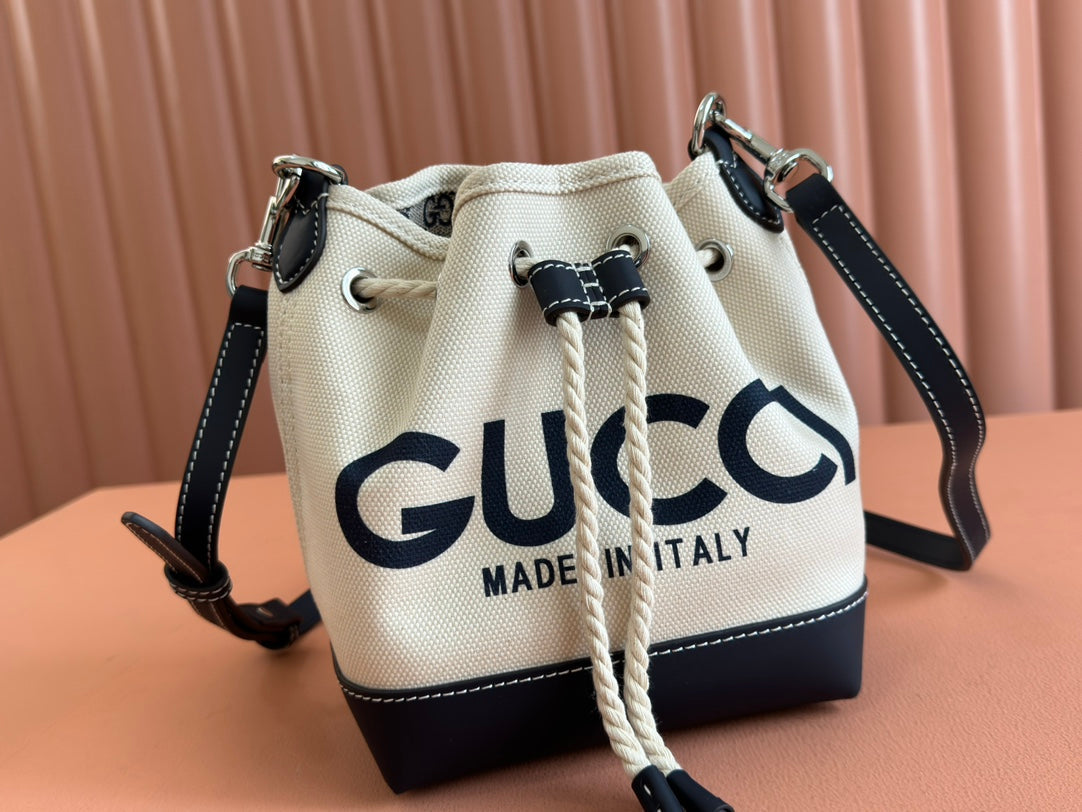 Gucci Bucket Bag Blue White Leather Canvas
