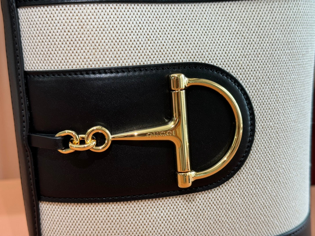 Gucci 73 Mini Bucket Bag Black White Leather Canvas 239679