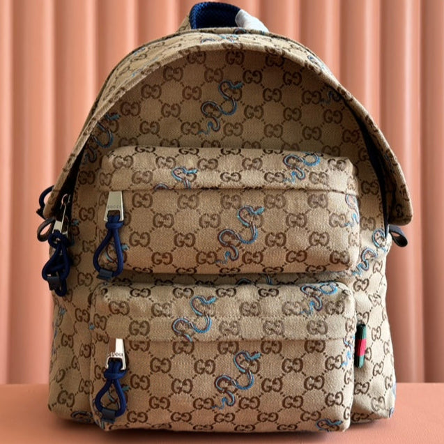 Gucci Snake Pattern Backpack Beige mix Brown Blue Calfskin Canvas 244338