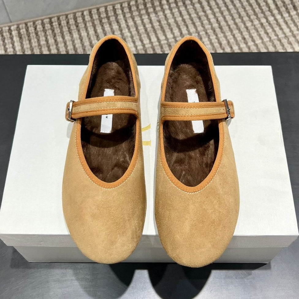 The Row 2025 Round Toe Ballet Flat Tan Suede Fleece 540489