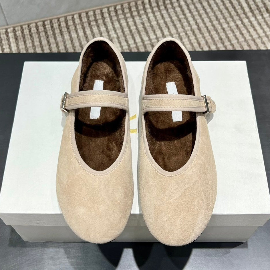 The Row 2025 Round Toe Ballet Flat Beige Suede Fleece 540490