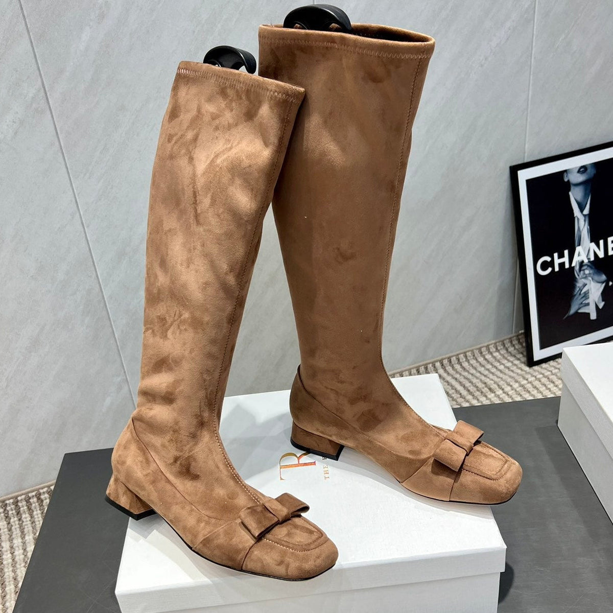 The Row 2025 Square Toe And Bow Accent Long Boot Brown Suede 540515