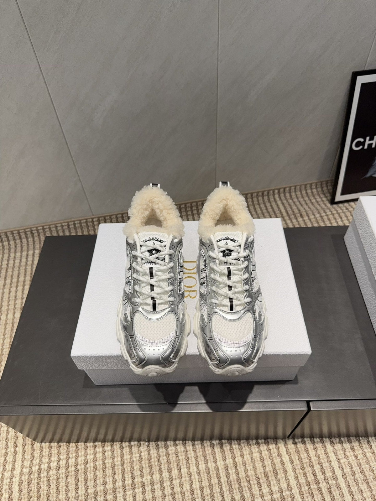 CD platform casual sneaker white sliver wool suede mesh 539676