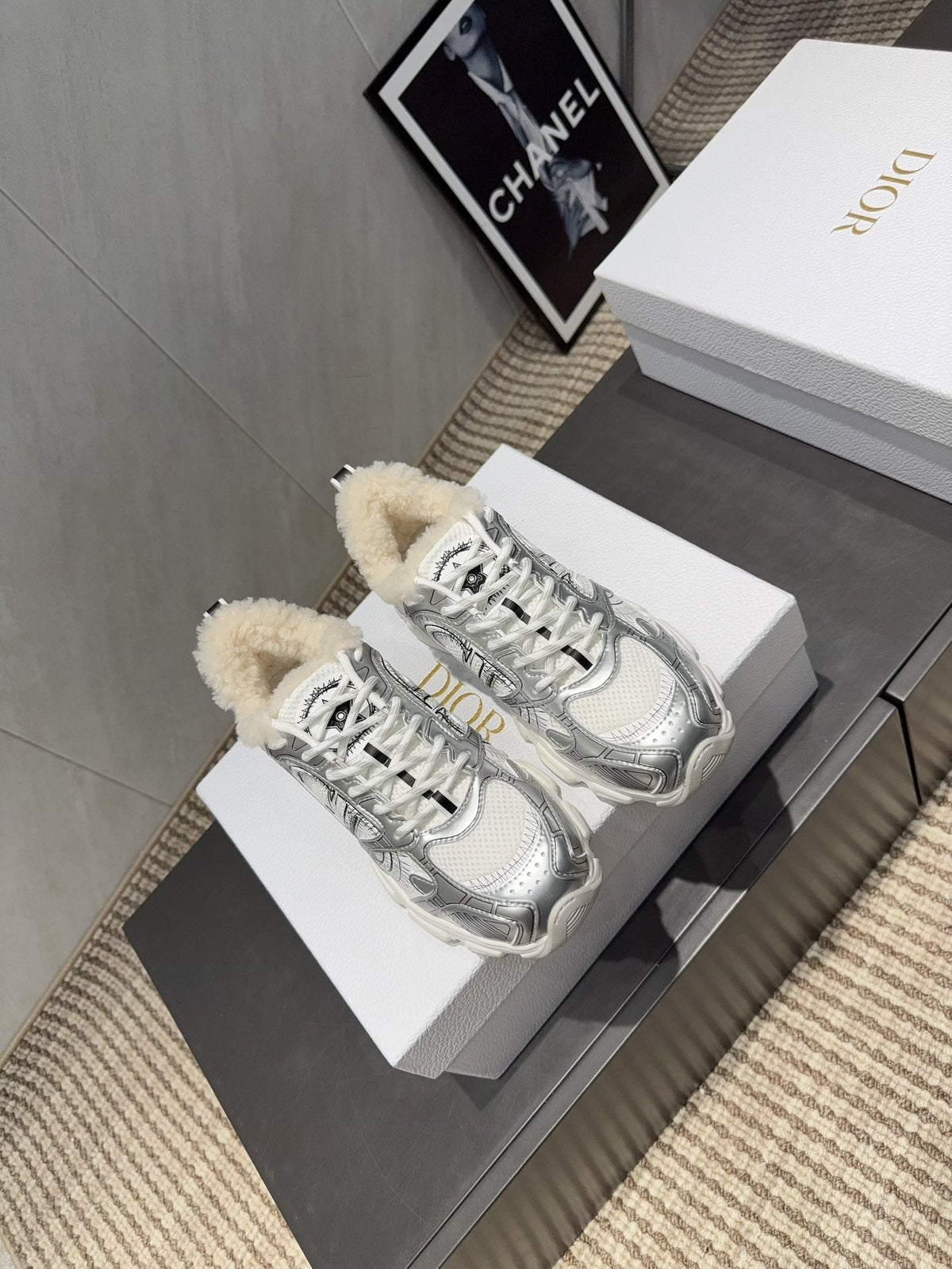 CD platform casual sneaker white sliver wool suede mesh 539676